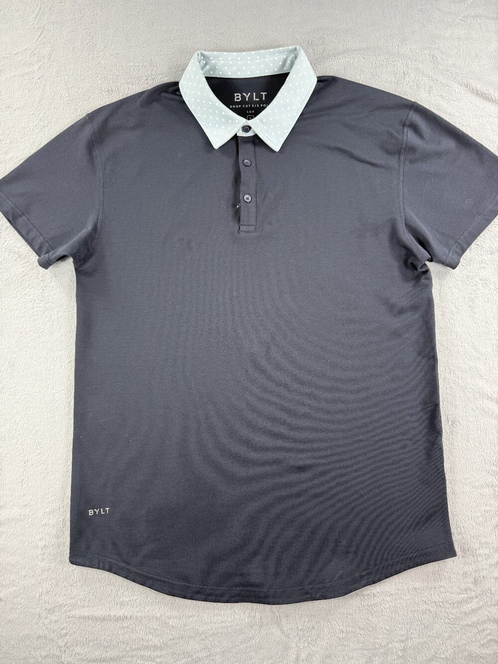 BYLT Basics Drop Cut S/S Polo Shirt Mens Large Gray Blue Polka Dot Stretch